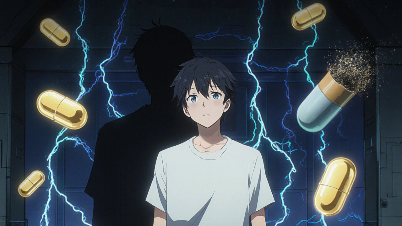 A patient in a healing chamber with rebuilding neural pathways and glowing capsules, while a shattered pill fades behind.