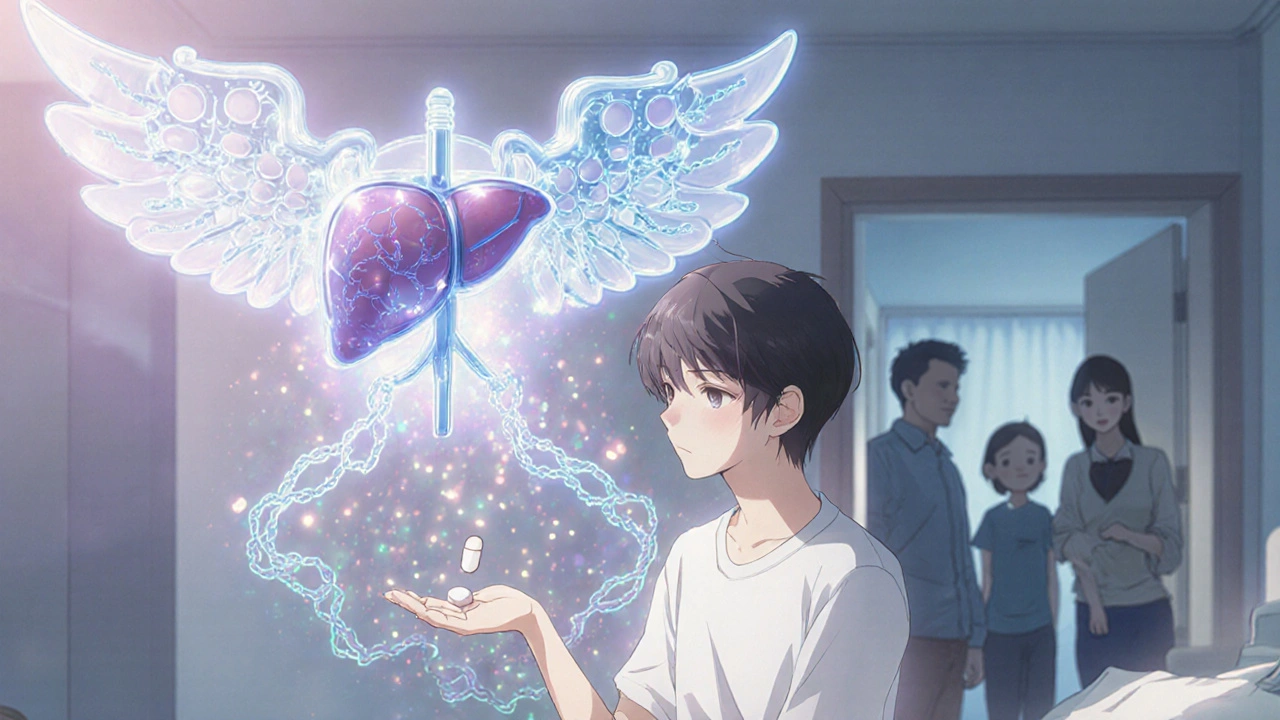 A person holding a pill as viral chains dissolve, guarded by a liver-shaped mecha with pill wings.