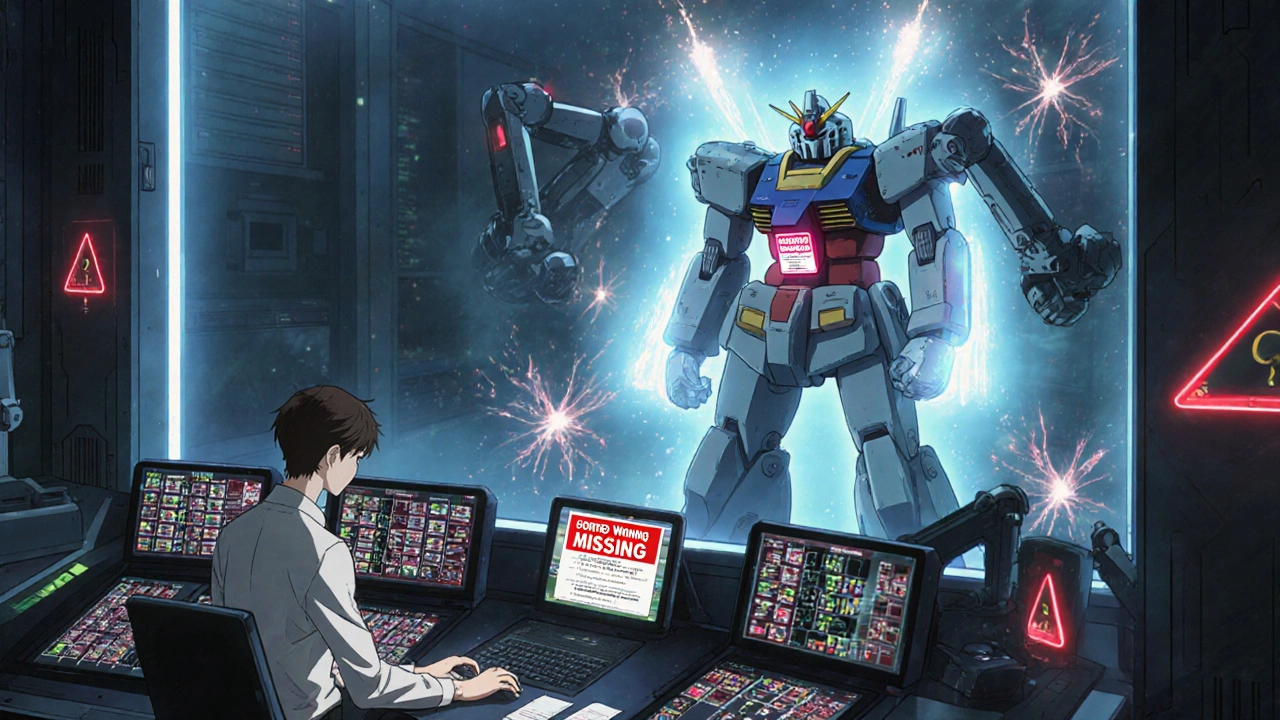 A regulatory analyst in a control room watches holographic drug labels as a giant generic drug mecha freezes mid-update.