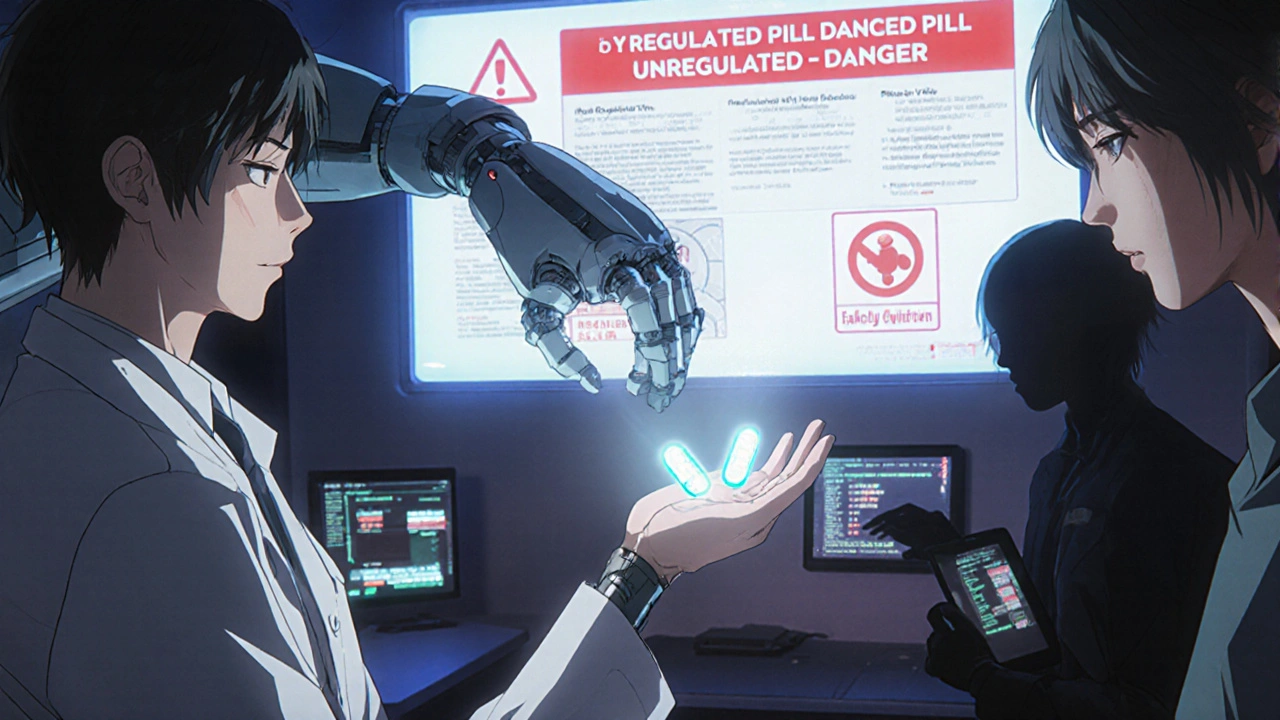 A robotic arm dispenses two labeled capsules in a clinic while a holographic danger warning flashes in the background.