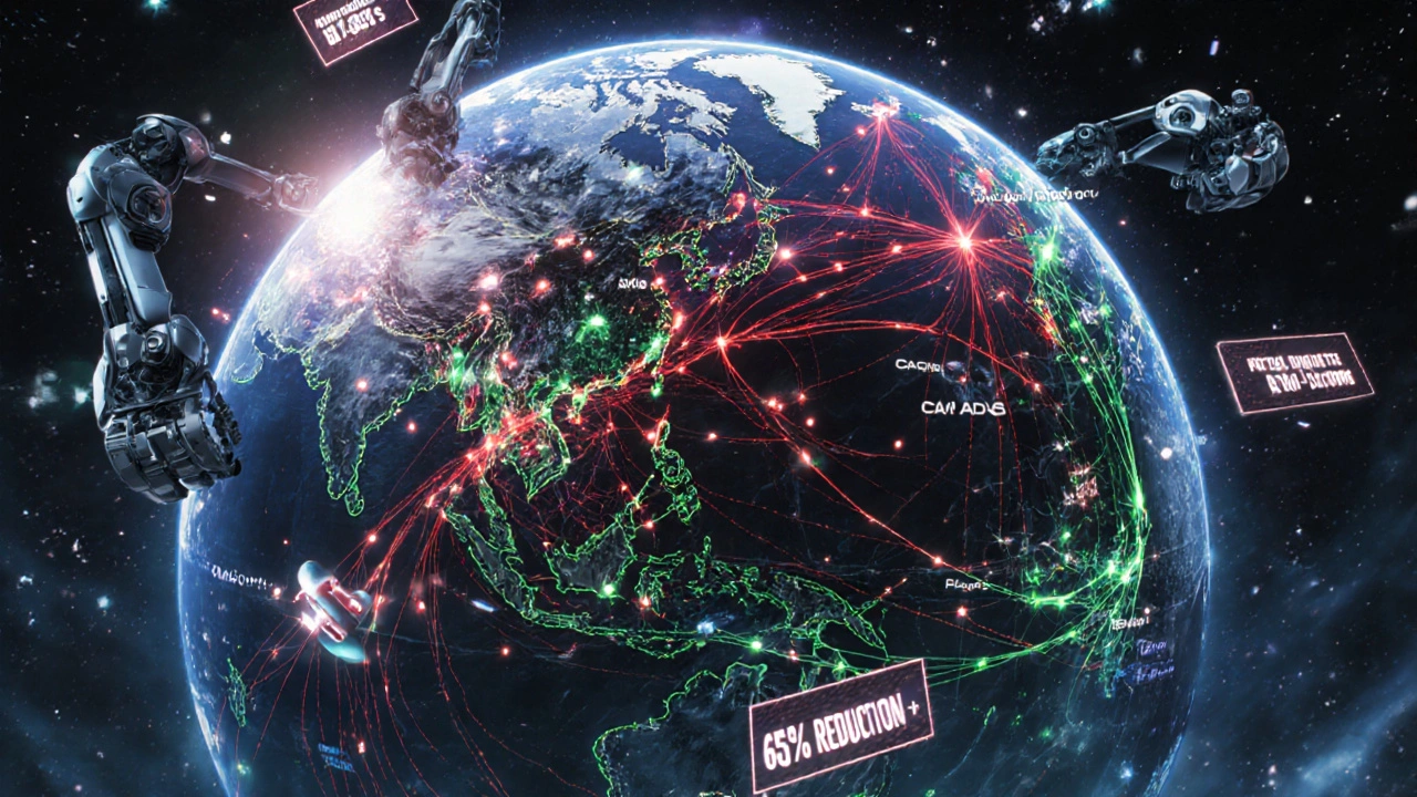 AI brain connected to global drug factories, red links breaking over Asia as green ones strengthen from Mexico and Canada.