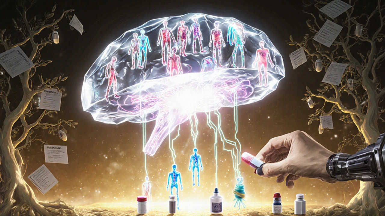 AI brain simulation projecting thousands of virtual patients for drug absorption modeling.