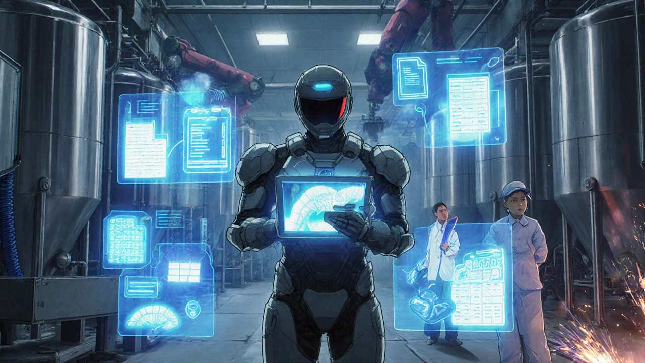 An FDA inspector in armor views holographic food safety data inside a Thai shrimp plant, one worker hiding records.