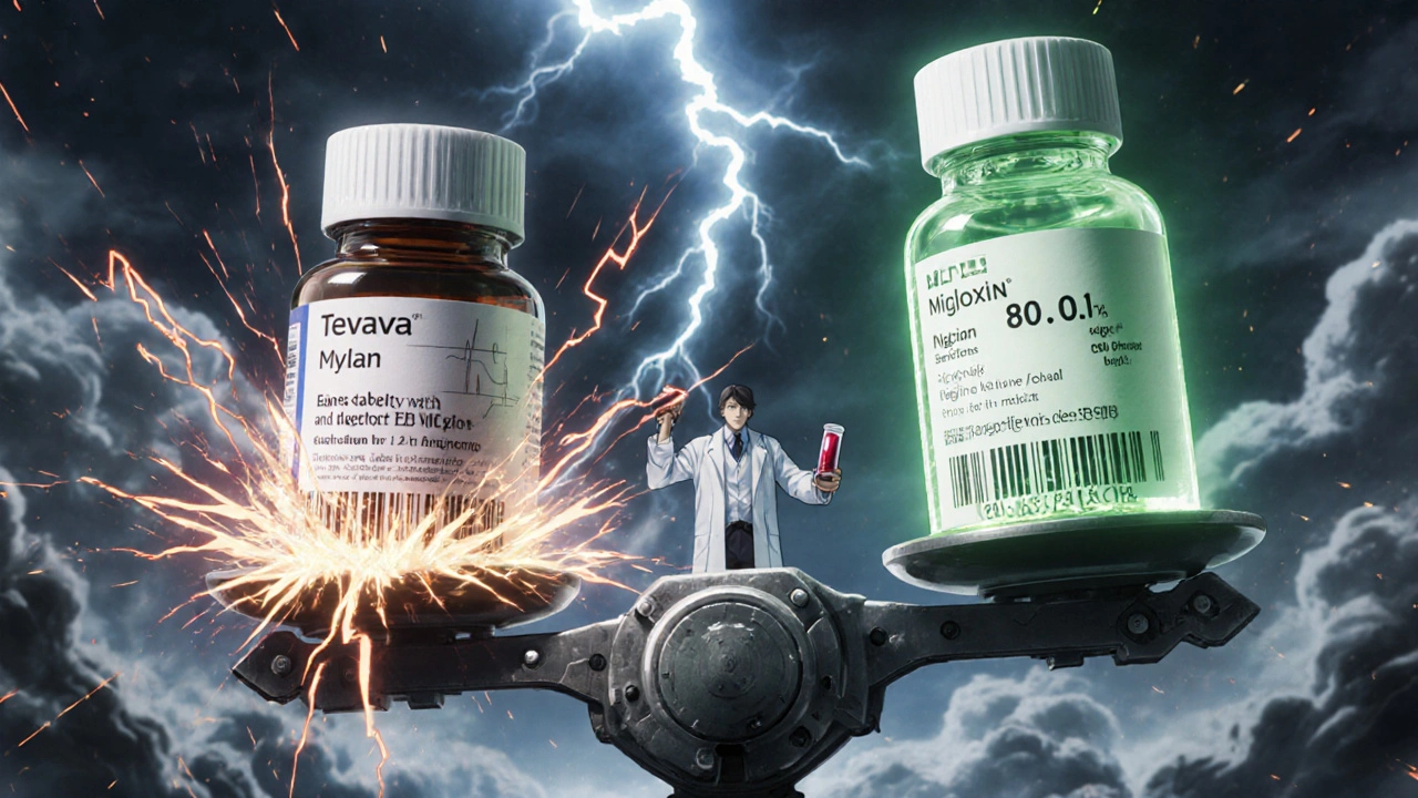 Digital scale tipping as two digoxin tablets cause shockwaves, while liquid form glows steadily above.