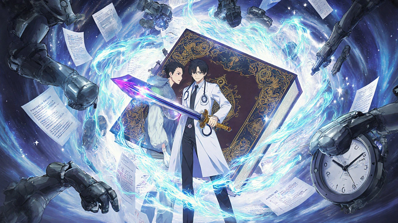 Doctor and patient activating a book of medical codes against insurer drones firing paperwork missiles.