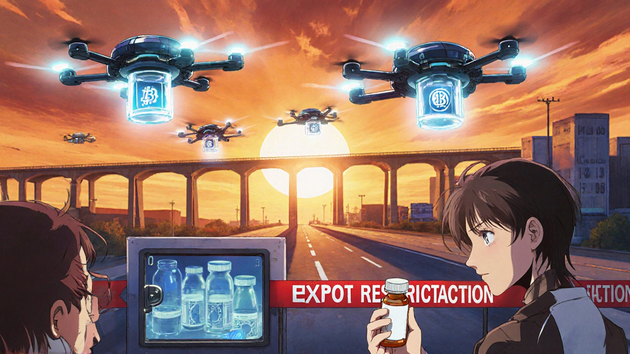 Drug drones flying over the U.S.-Mexico border, one grounded by export restrictions, patient watches from hospital window.