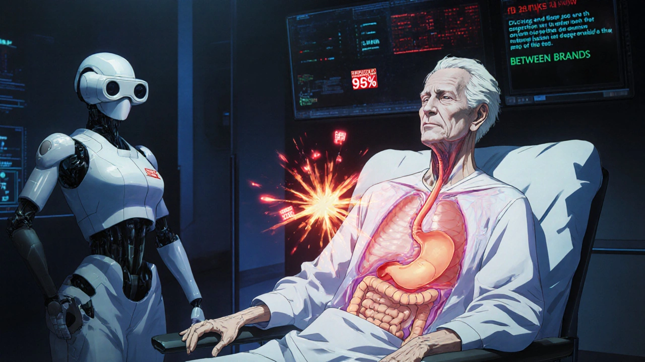 Elderly patient with transparent body showing two diverging digoxin absorption streams and warning alarms.