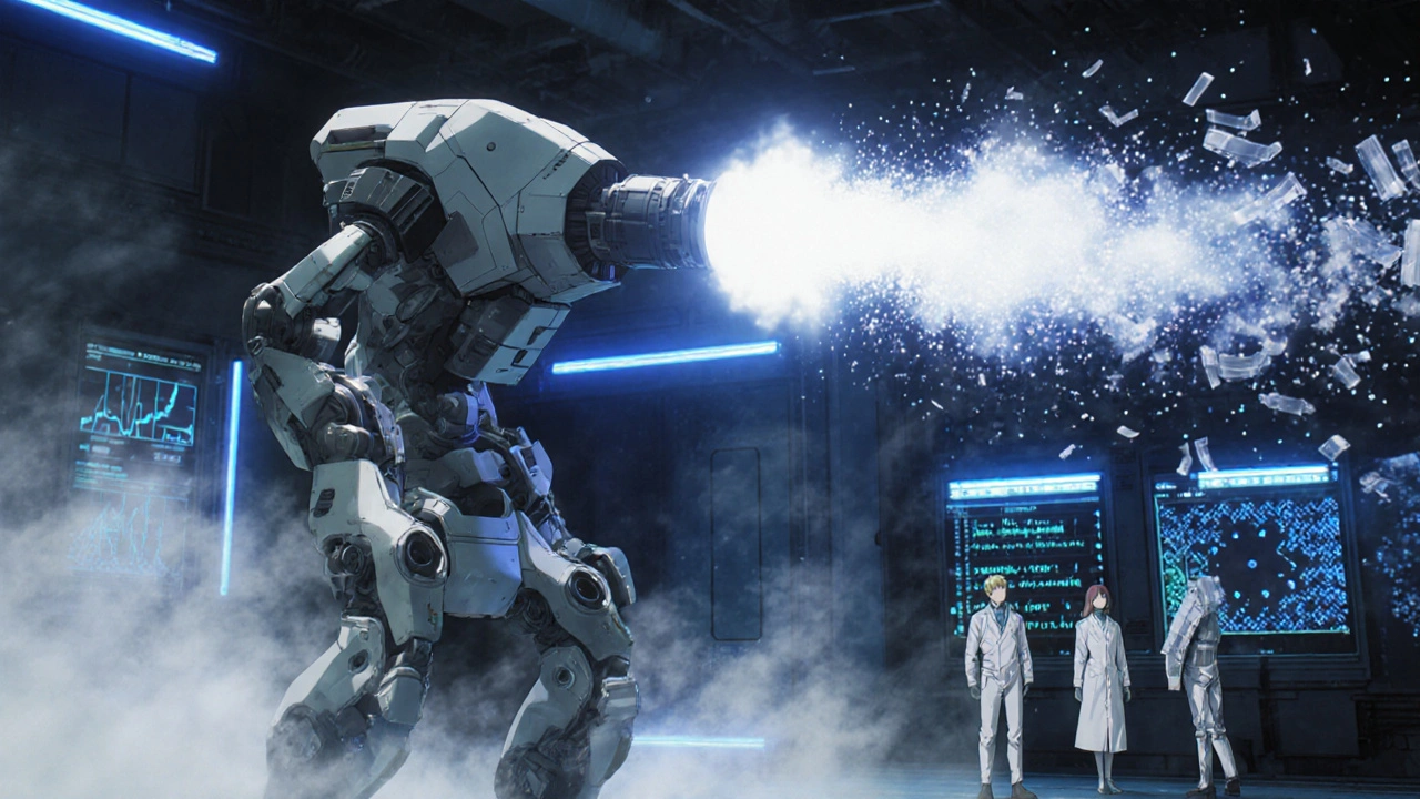 Giant inhaler firing precision aerosol particles, scientists monitoring holographic data in a high-tech facility.