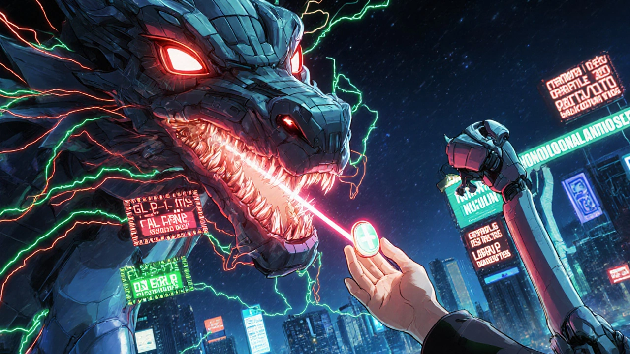 Global drug supply streams converge on an FDA command hub—red streams cut off, green ones flow to hospitals under a cyberpunk sky.