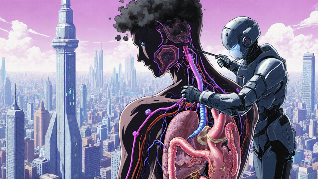 Inside a mechanical human body, a malfunctioning insulin drone causes system failures, while a pharmacist in a mech suit repairs it from outside.