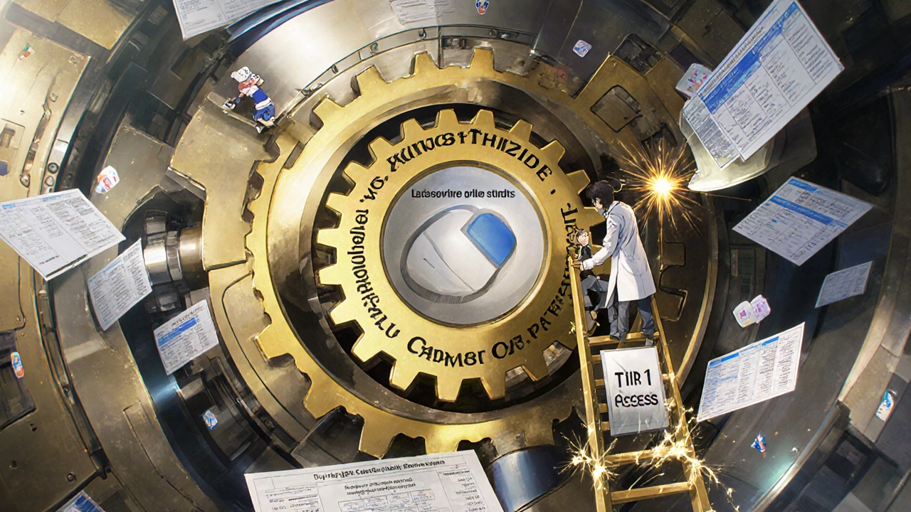Massive FDA bio-equivalence machine merging two drugs into one combo pill, doctor and pharmacist climbing formulary charts.