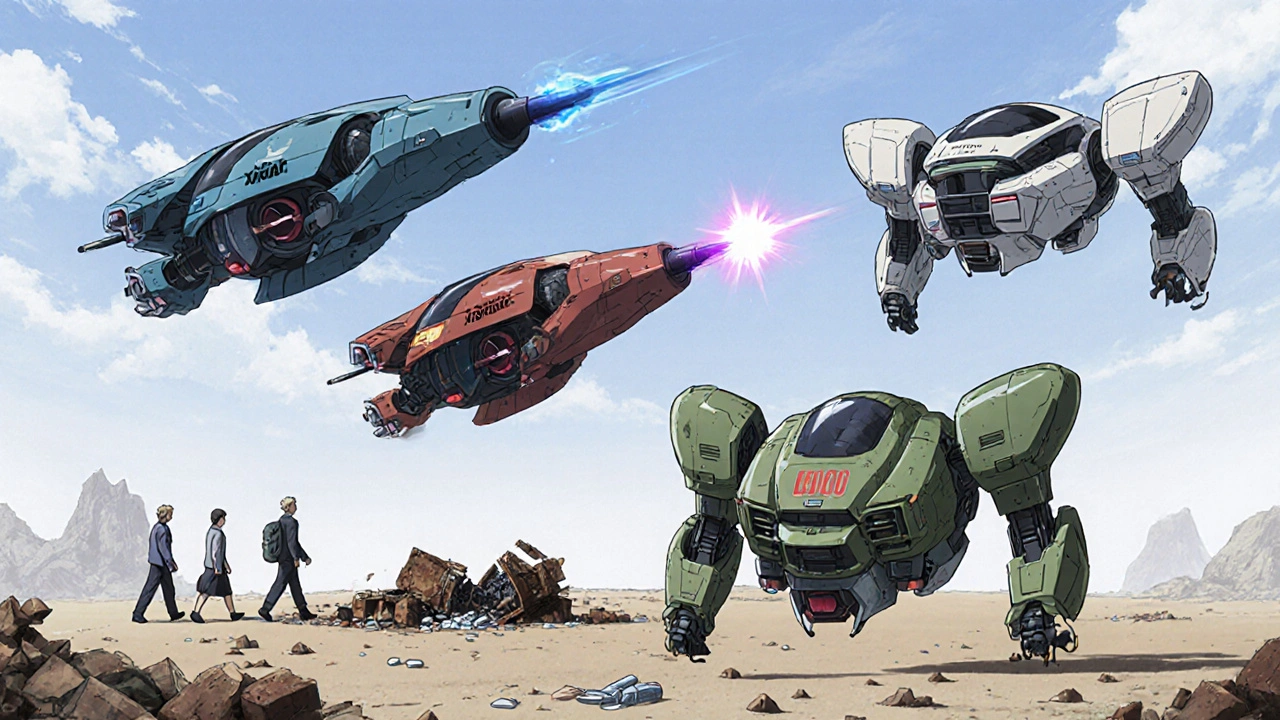 Mecha anime style: Four sleek DOAC mechs gliding peacefully while a broken warfarin mech lies dismantled behind them.