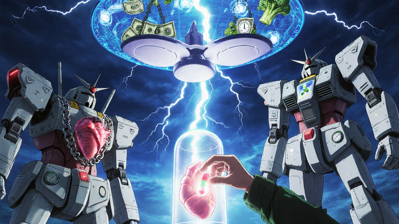 Mecha anime style: Heart control core with two opposing mech factions — Warfarin Unit and DOAC Vanguard — competing for balance.