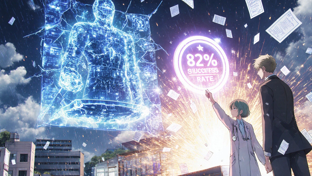 Medical AI judge above a patient&#039;s dossier as a glowing 82% success glyph shines, with approval notices falling like petals.