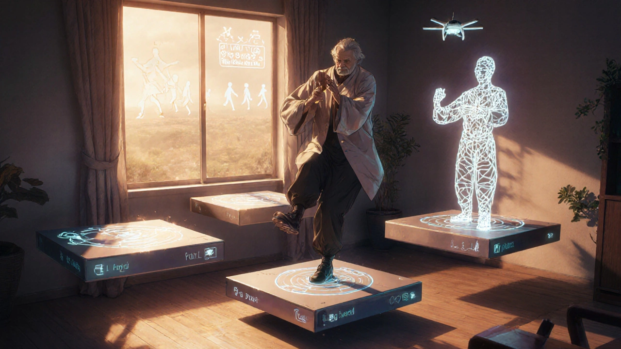 Older man balancing on one foot in a biomechanical dojo, floating training modules and a light-based Tai Chi instructor beside him.