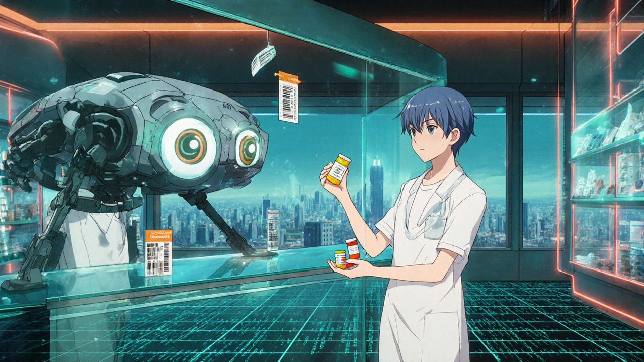 Patient holding two generic pills and one combo pill, reflection shows a PBM drone scanning prices in a cyberpunk pharmacy.