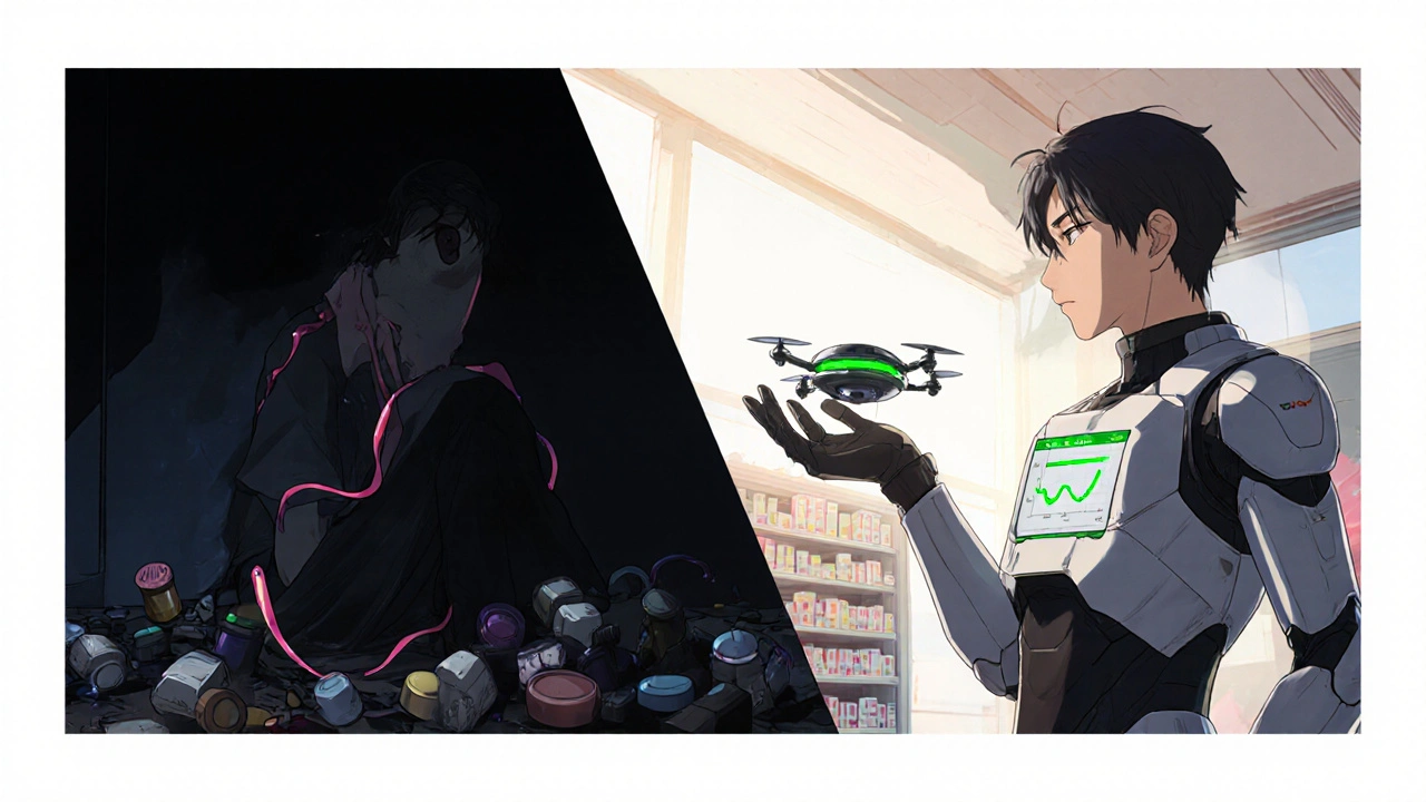 Split scene: left shows a person overwhelmed by side effects; right shows them holding a new pill-drone in a bright pharmacy with a pharmacist nearby.