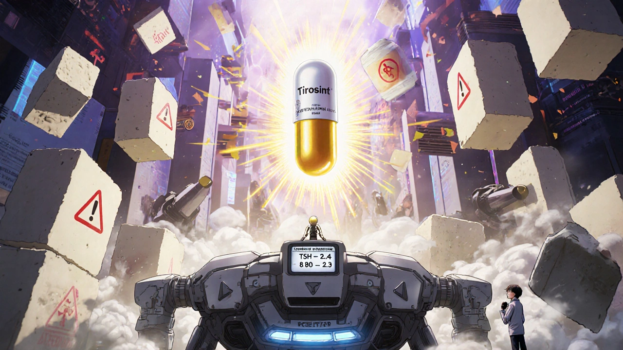 Tirosint capsule piercing through soy obstacles in a futuristic pharmacy maze.