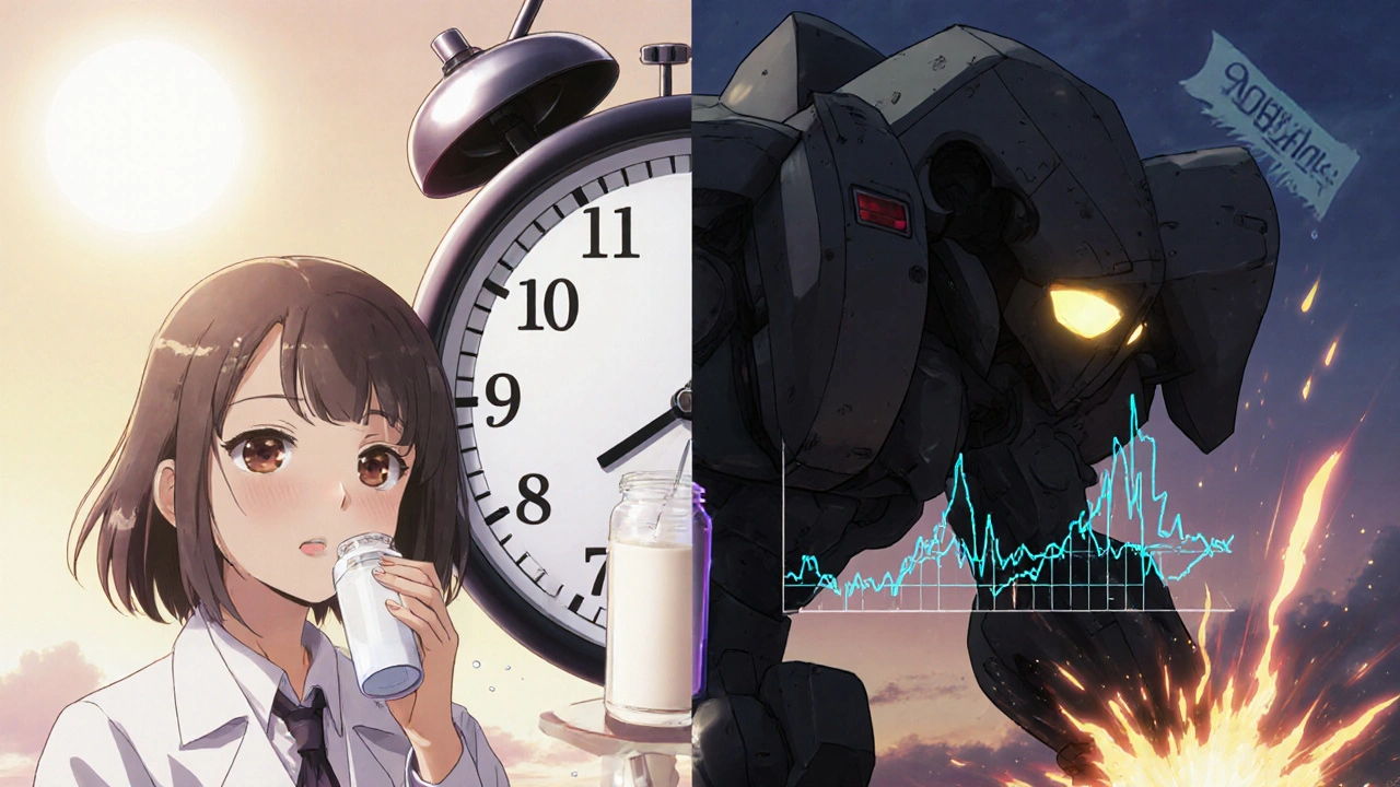 Woman taking thyroid medication with almond milk while soy mechs explode behind her.