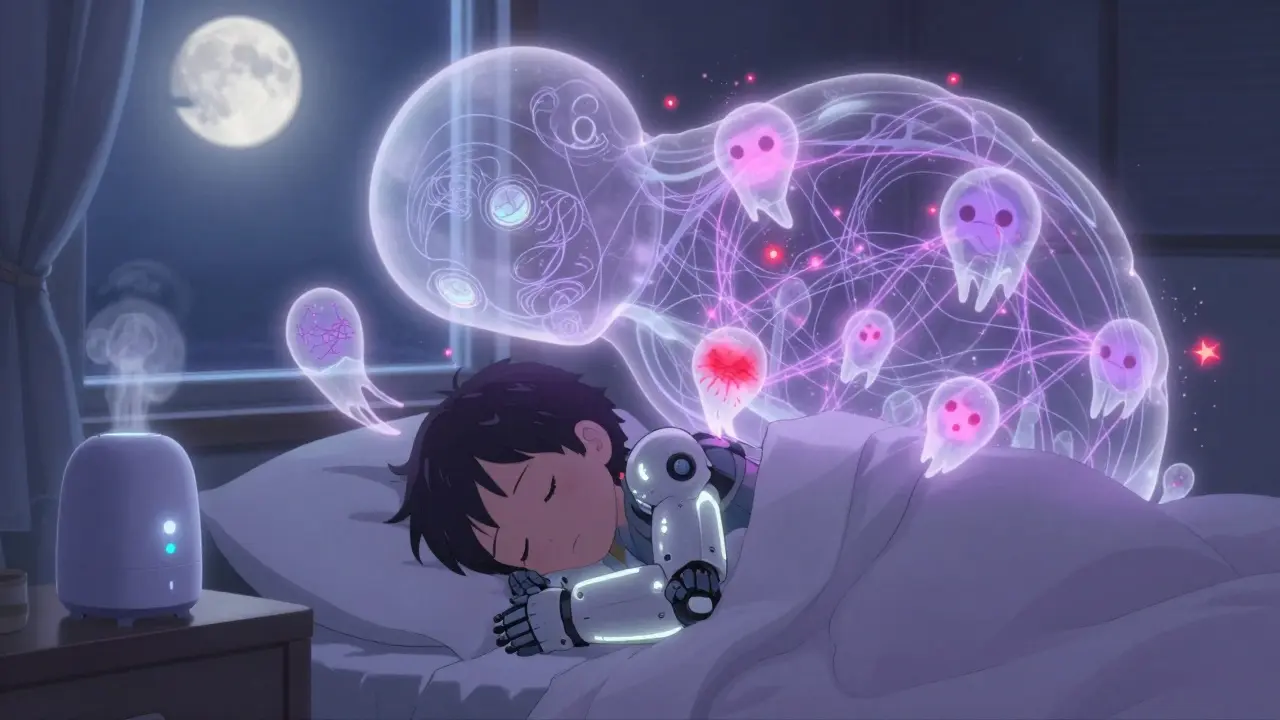 A child sleeping in cotton glove mech-sleeves, suppressing itch phantoms while a skin barrier glows above.