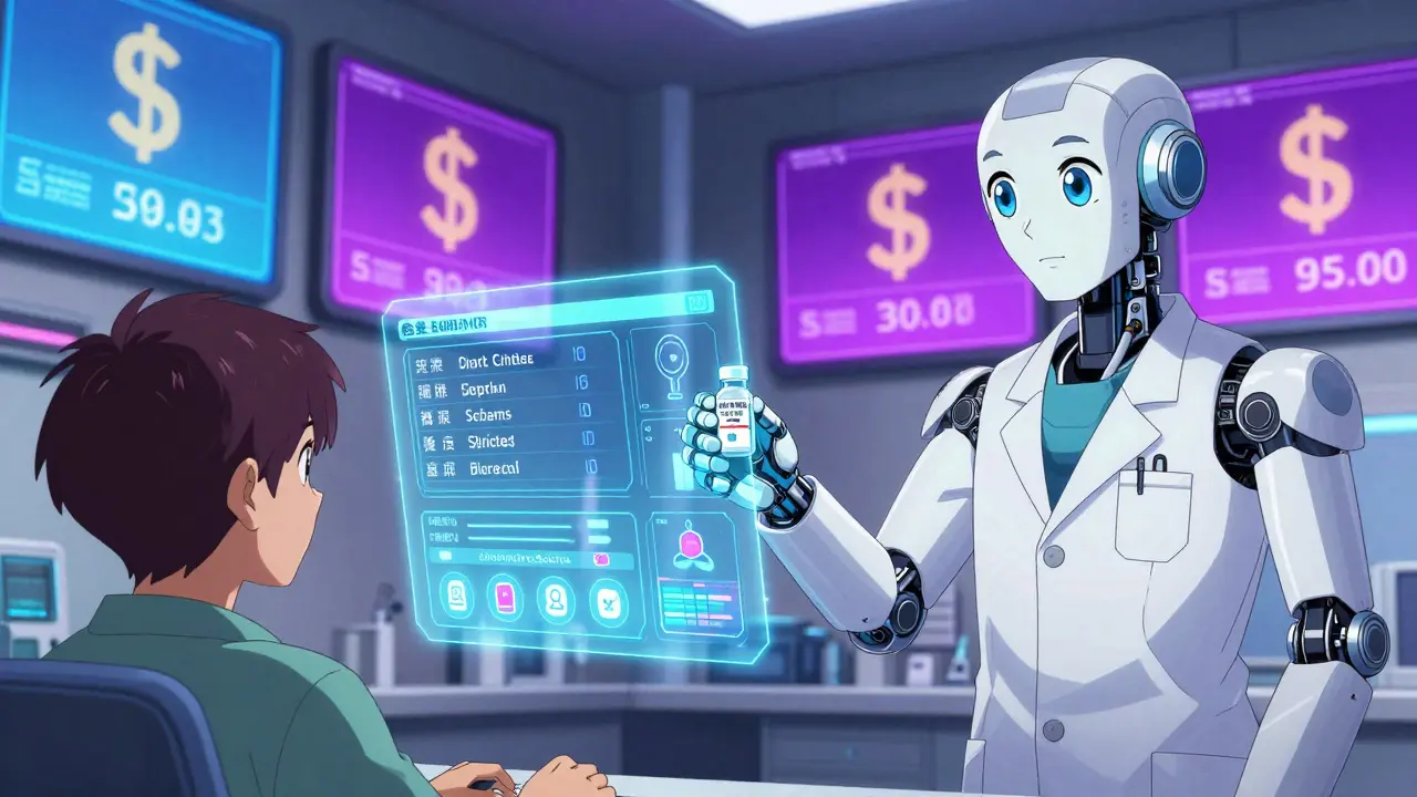 A doctor's office hologram shows real-time drug prices and alternatives, with a robotic assistant offering free medication.
