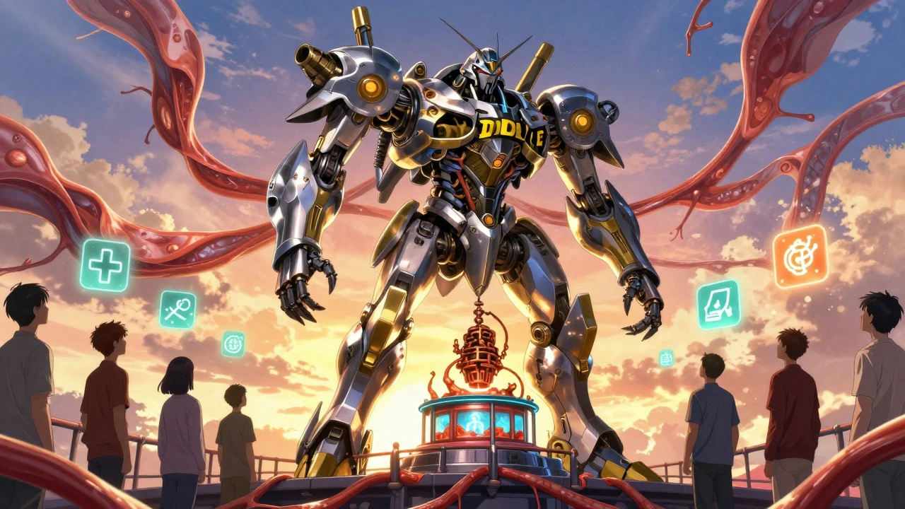 A fused mech lowers a cholesterol monster into containment on an artery bridge.