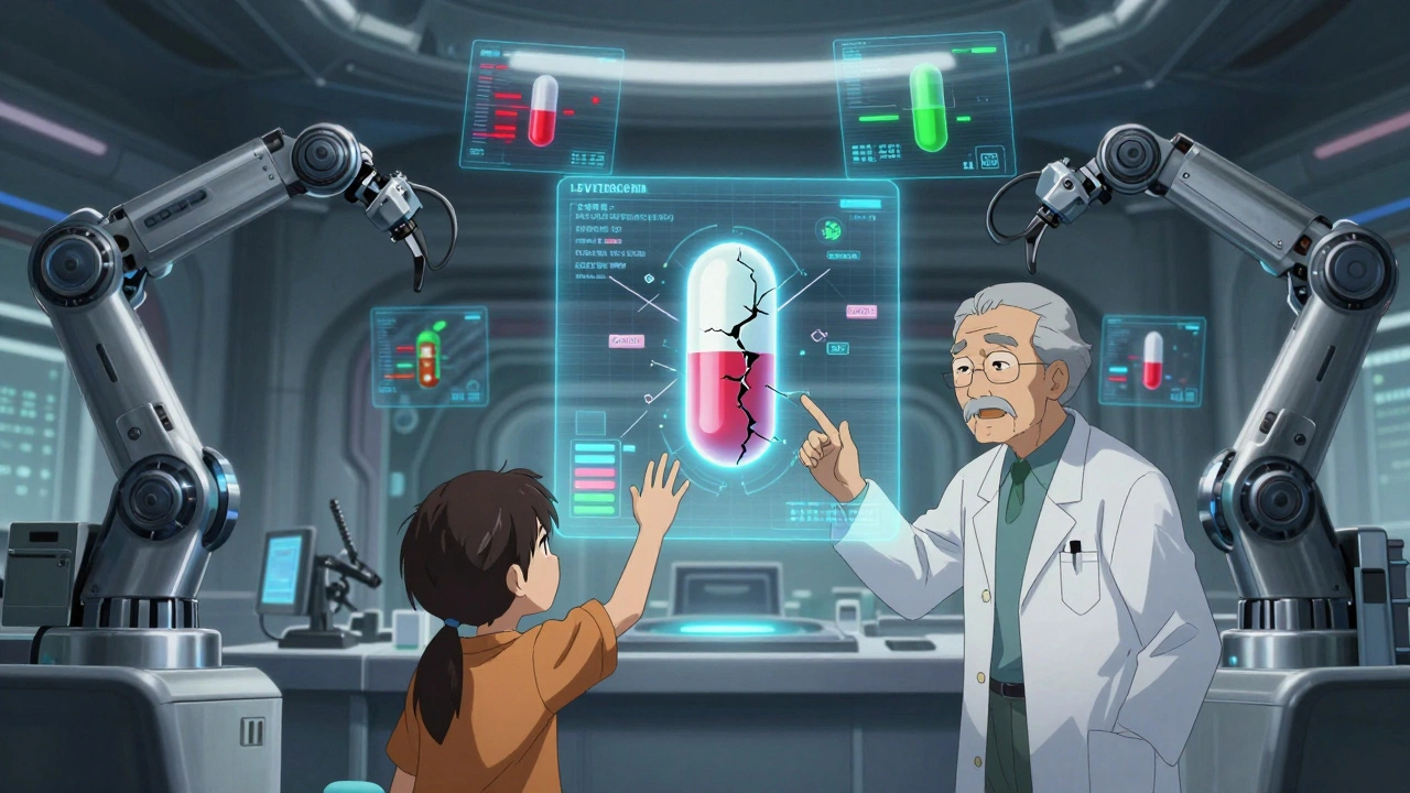 A futuristic FDA lab with holograms of drug lots and a crack spreading across a generic capsule.