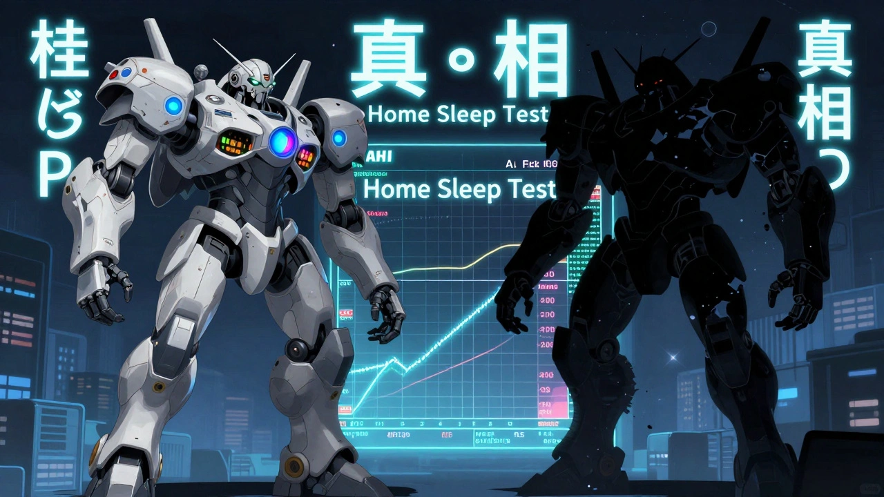 A giant mecha guardian of polysomnography defeats a weakened home test entity on a glowing data battlefield.