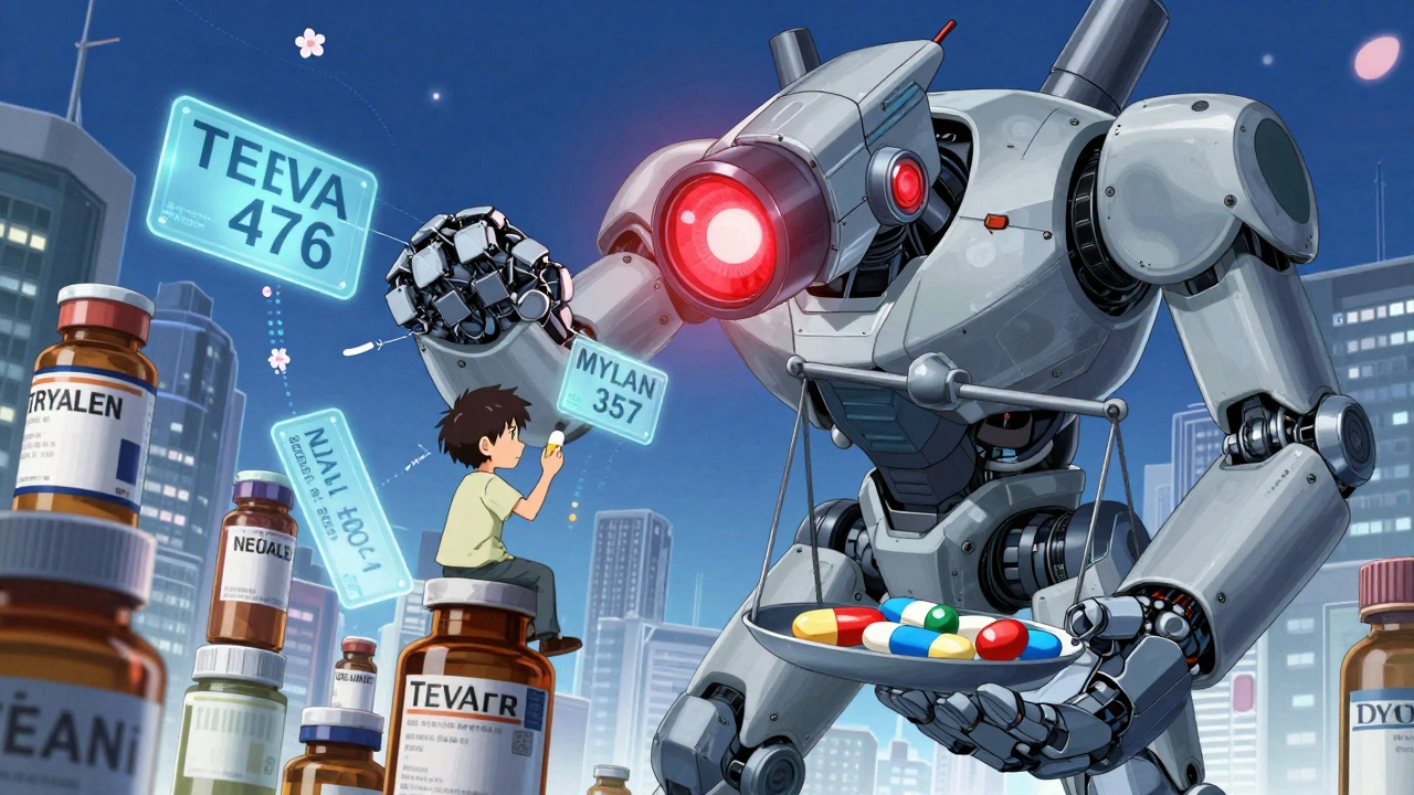 A giant mechanical pill scanner hovers over a city of medicine bottles, displaying NDC codes as digital flowers.