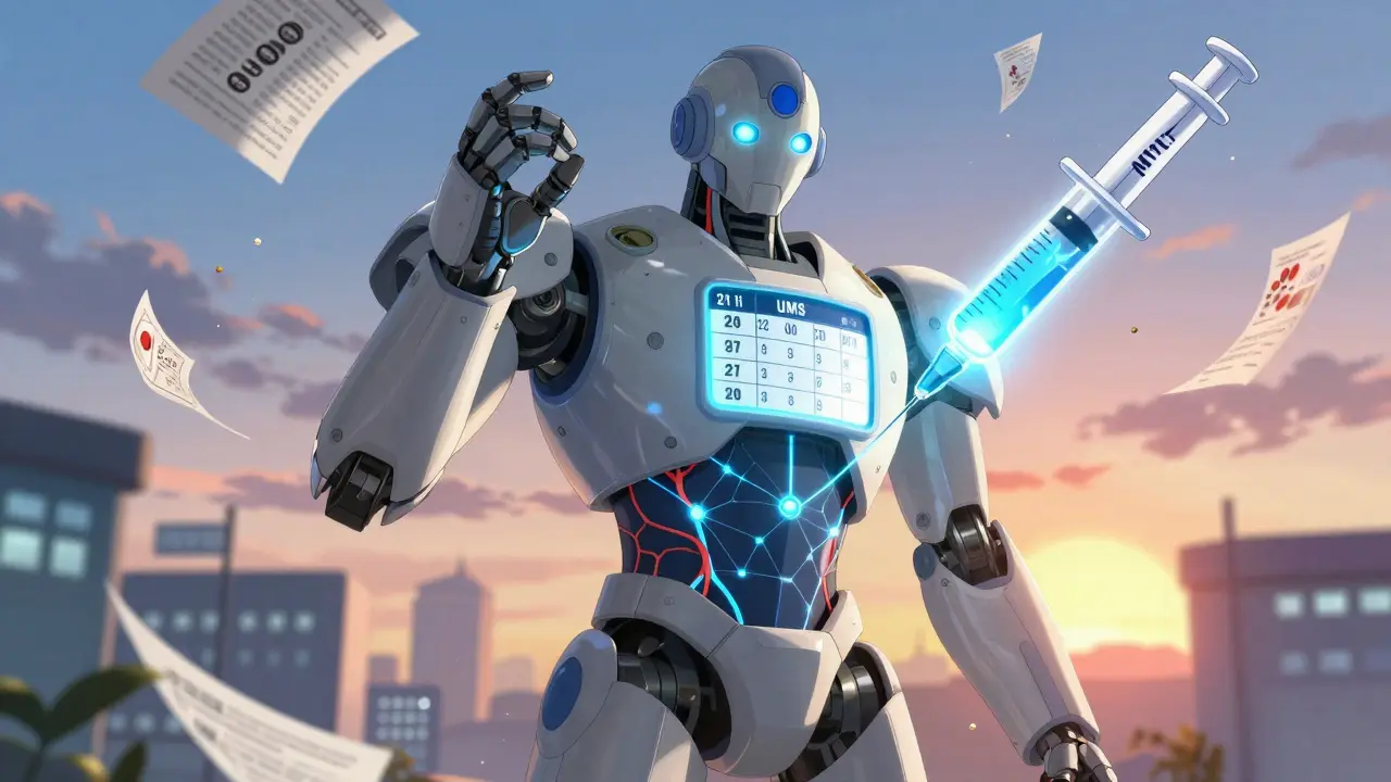 A giant pill-shaped robot injecting a safety pulse into a human body network.