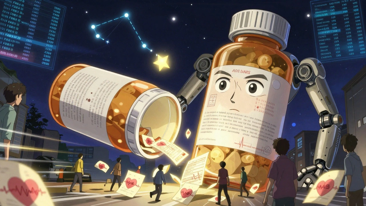 A giant sentient pill bottle collecting patient reports as digital stars light up in the sky.