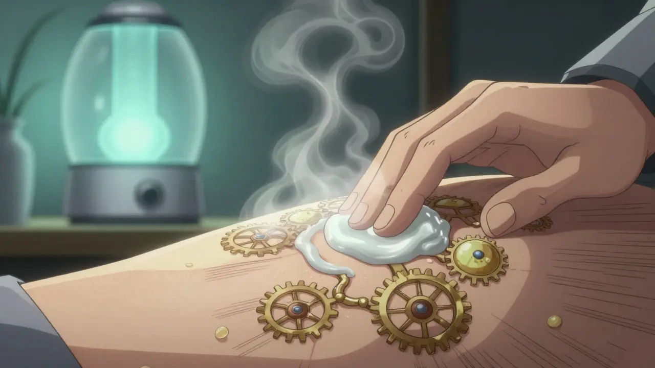 A hand applying glowing ceramide cream as molecular gears integrate into the skin’s surface.