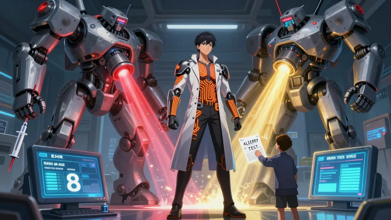 A heroic pharmacist in armored gear stands between conflicting drug dispensers, with fragmented EHR screens and a patient holding a handwritten allergy note.