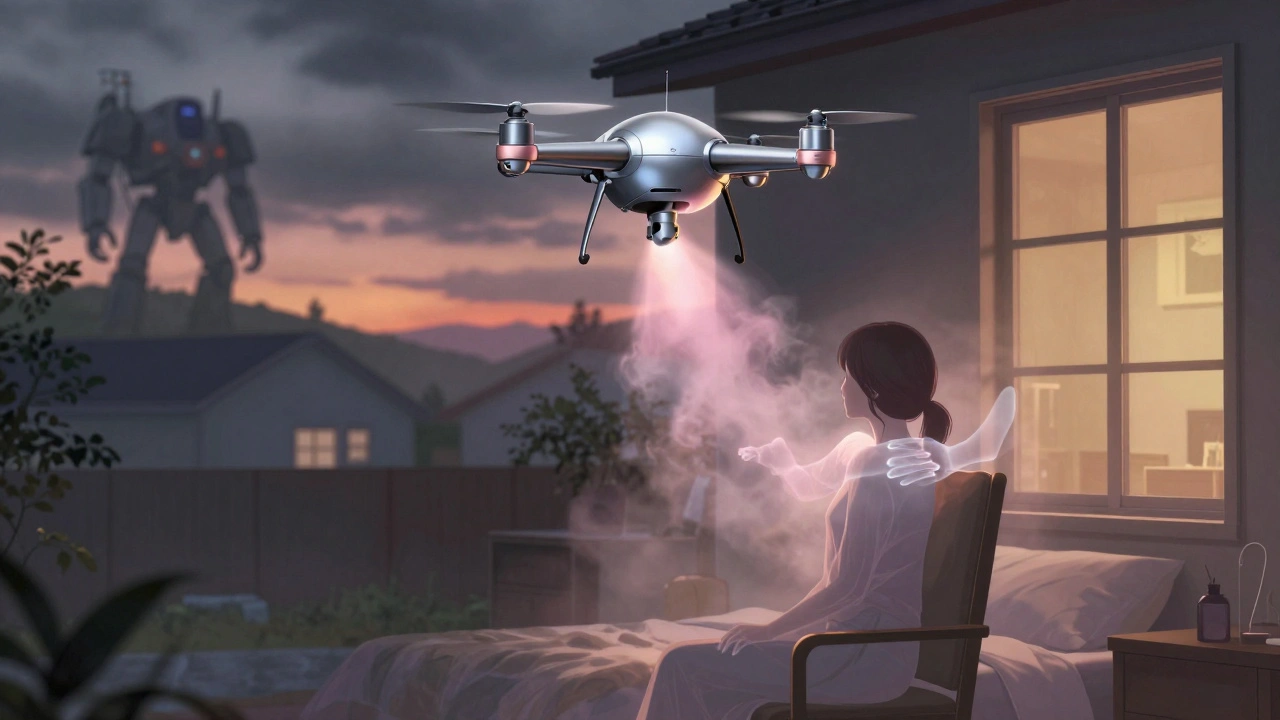 A lotus-shaped drone releases soothing mist into a bedroom, lifting emotional weight gently.