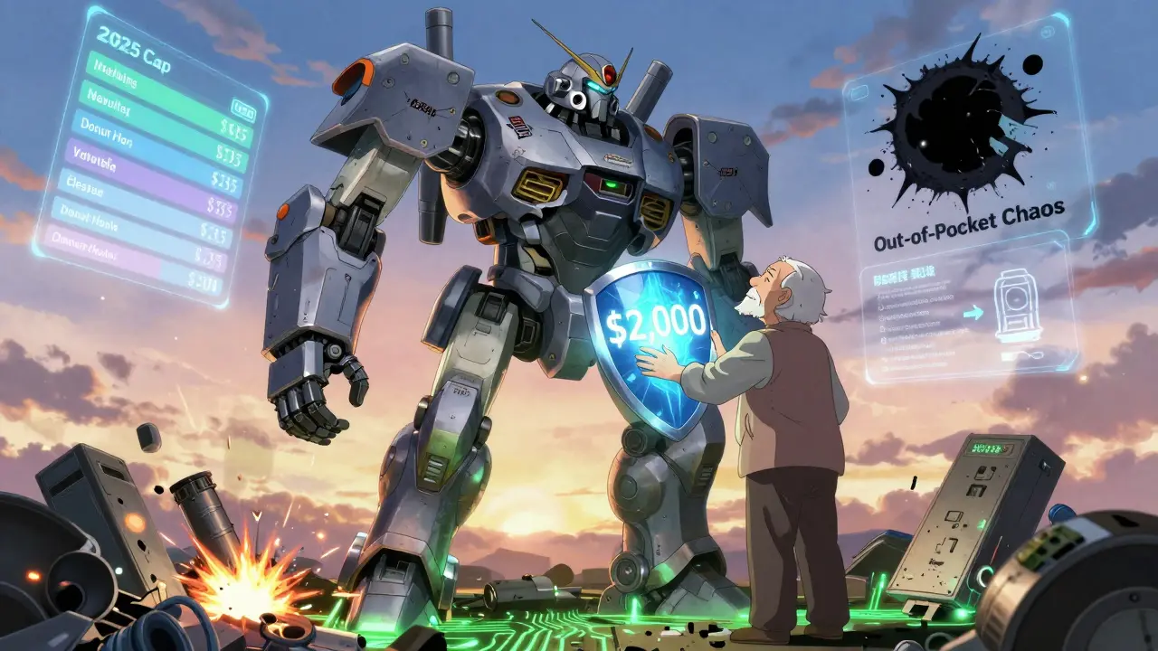 A massive Medicare robot with armor labeled '2025 Cap' offering a shield against a black hole of costs.