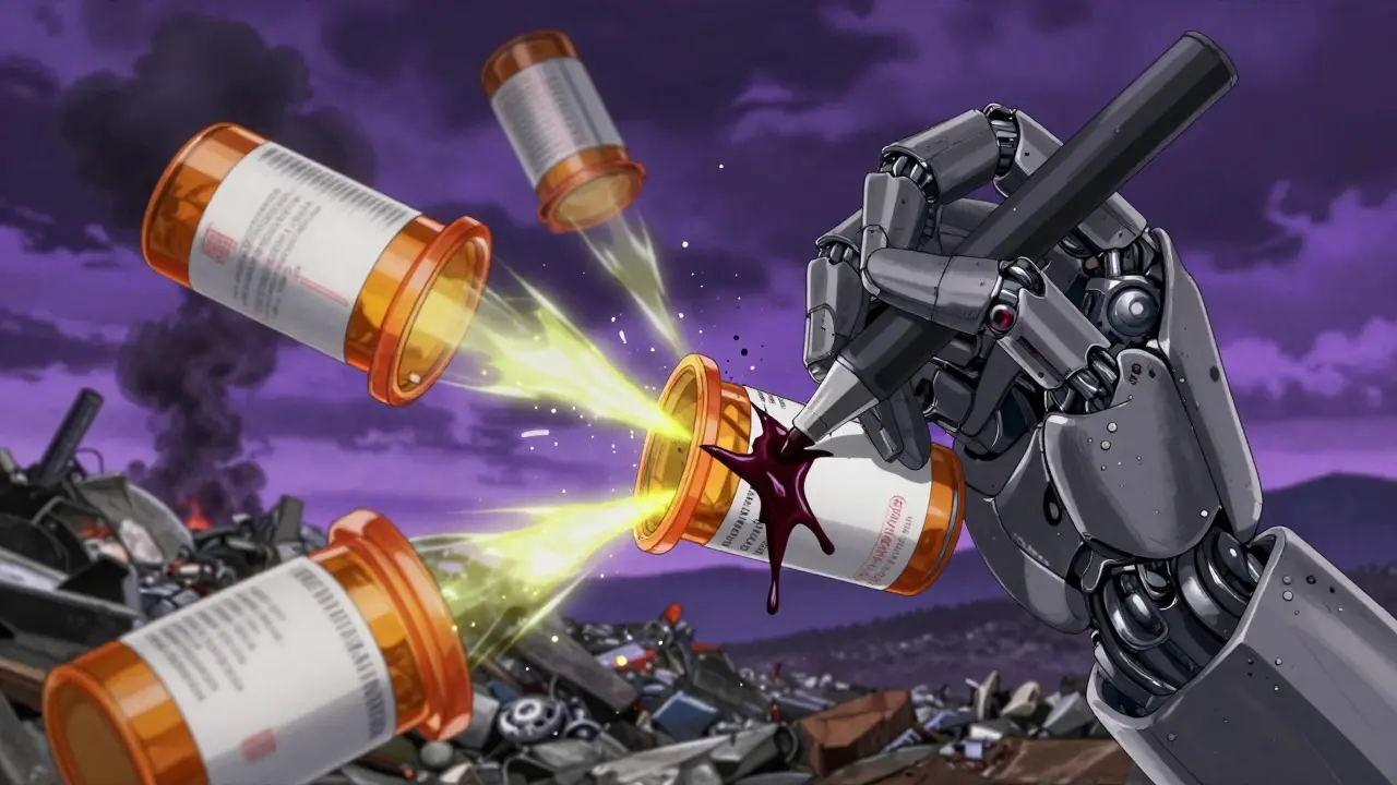 A mechanical hand erases personal info from a prescription bottle with dripping ink and digital particles.