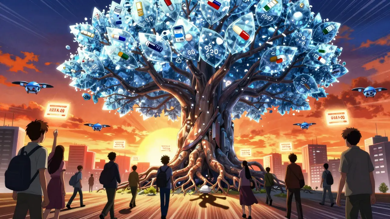 A mechanical transparency tree displays drug prices as leaves, with citizens holding coupons as PBMs crumble beneath it.