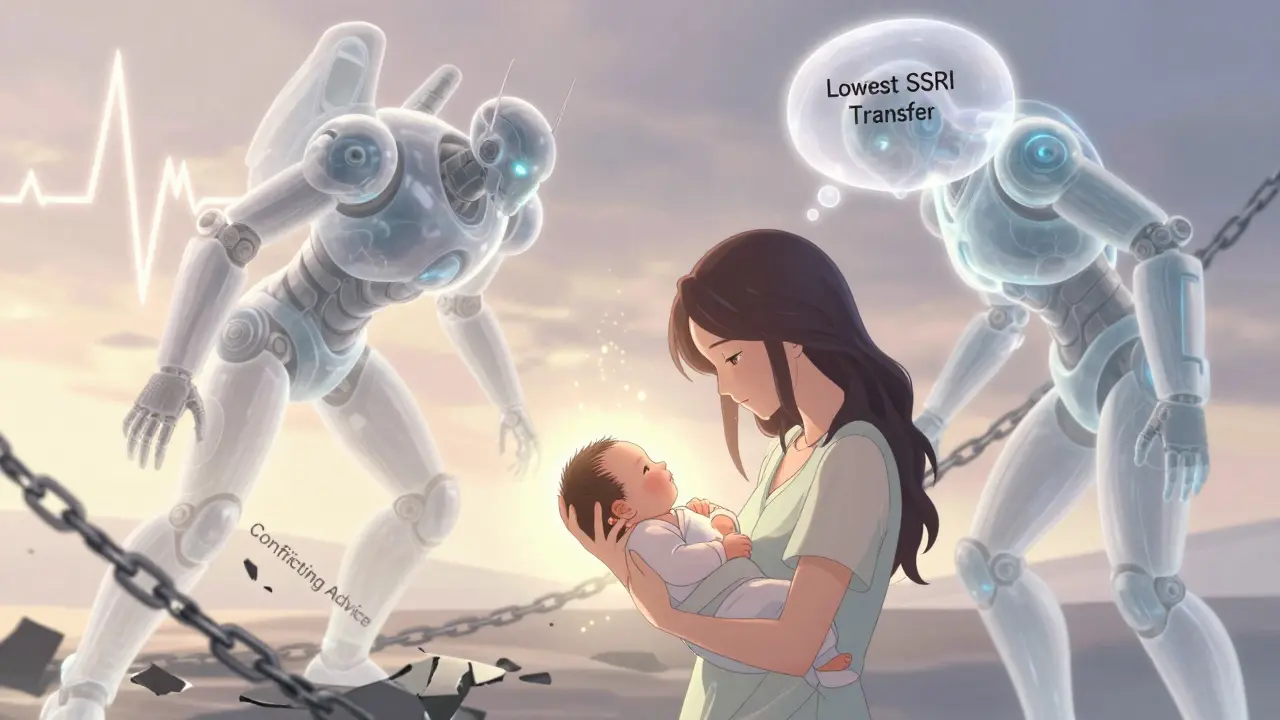 A mother holding her baby as two protective mecha guardians emit golden particles, symbolizing safe medication transfer during breastfeeding.