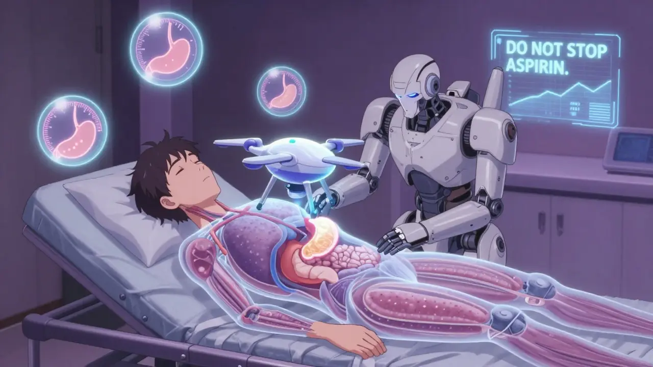 A patient's transparent body shows Selatogrel repairing stomach tissue while vital biomarkers glow safely.