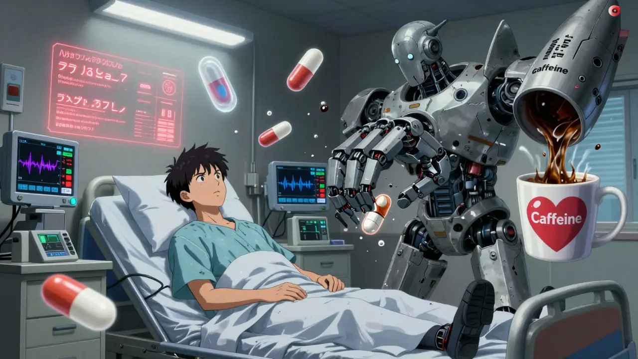 A patient connected to monitors as a robotic hand crushes medication while coffee streams like a missile.