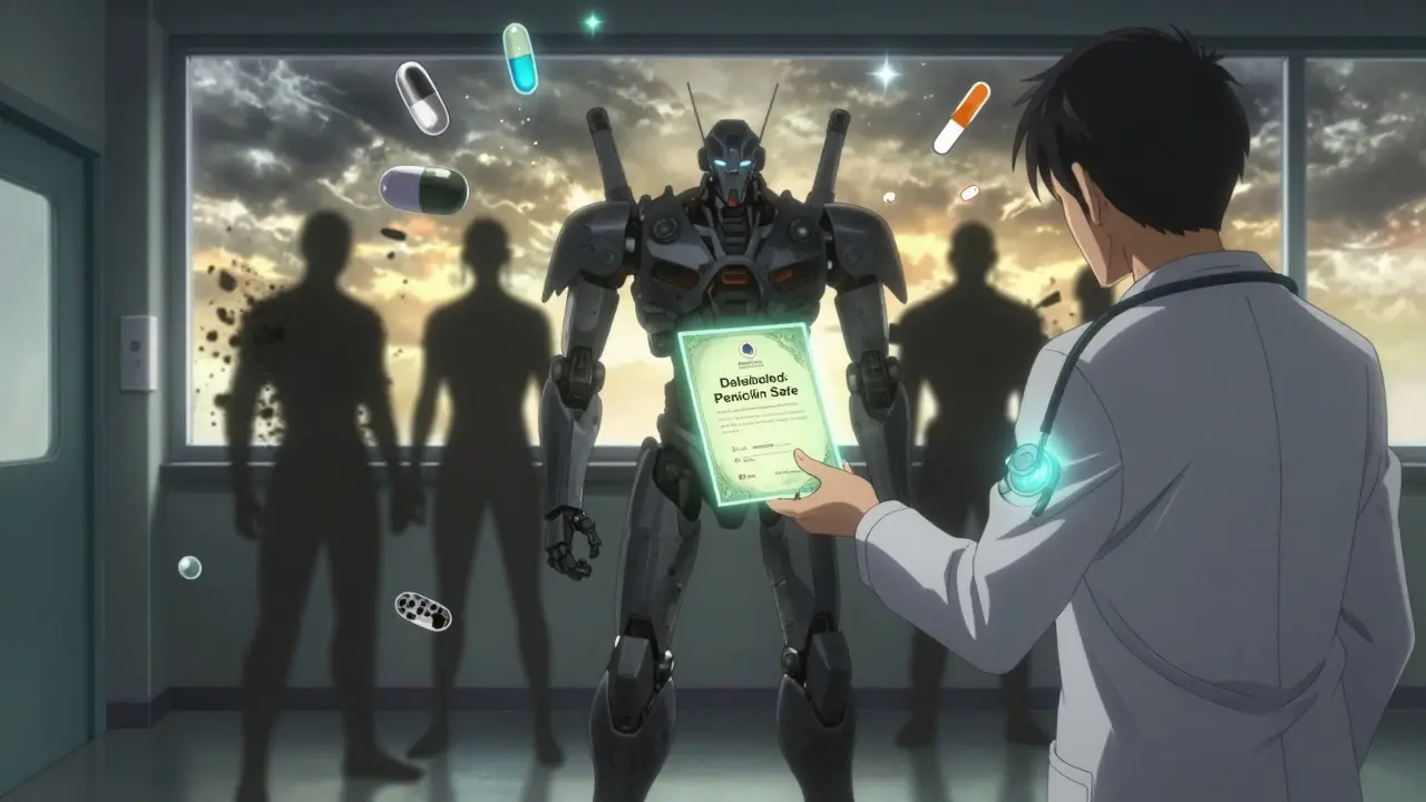 A patient holds a glowing 'Delabeled' certificate as outdated antibiotics crumble into dust, with a mecha-allergist offering a hand in a sunlit hallway.