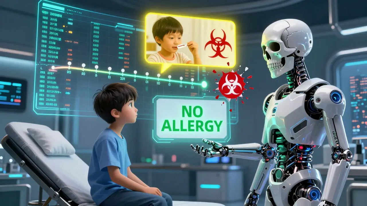 A patient speaks to a floating AI skull, watching a yellow allergy alert shatter into green confirmation as their medical history unfolds in 3D.