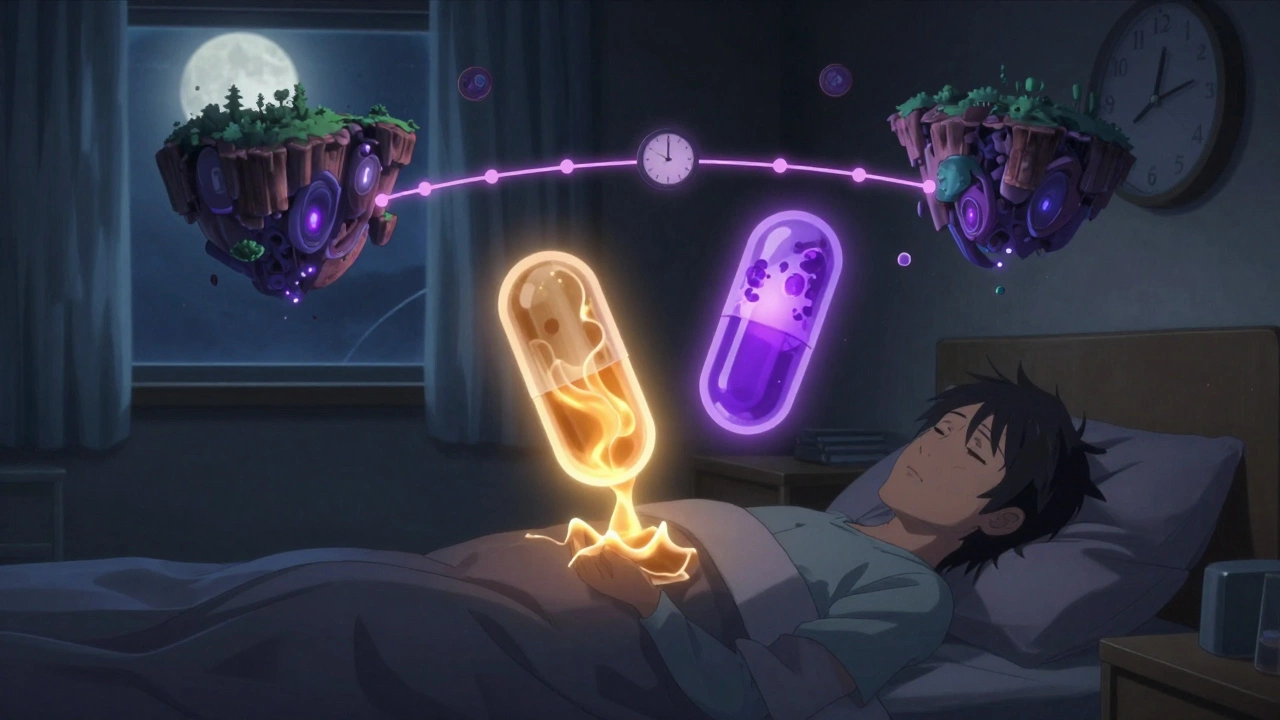 A patient taking nighttime medication as glowing capsules stabilize their sleep cycle with light pathways.