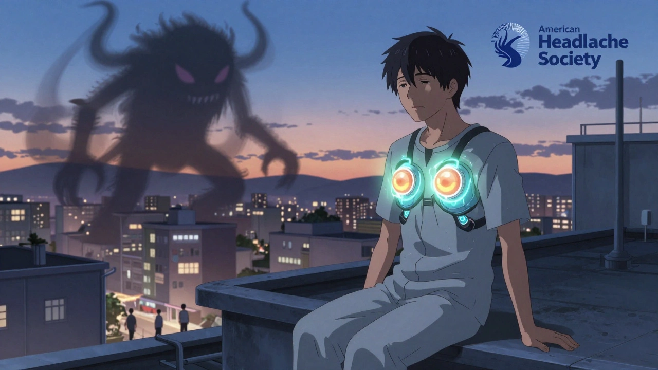 A patient with glowing medication cores on a rooftop as serotonin syndrome monsters fade into mist.