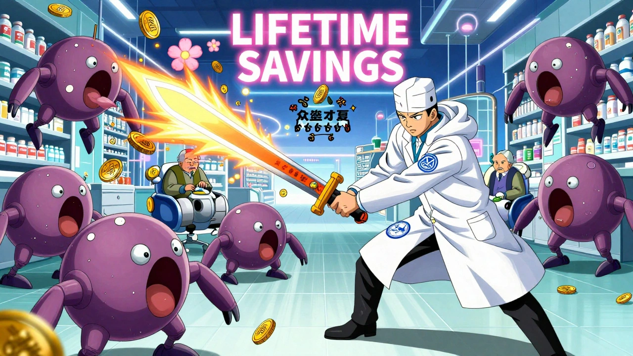 A pharmacist battles brand-name drug drones with the Orange Book sword as patients ride inhalers toward savings.