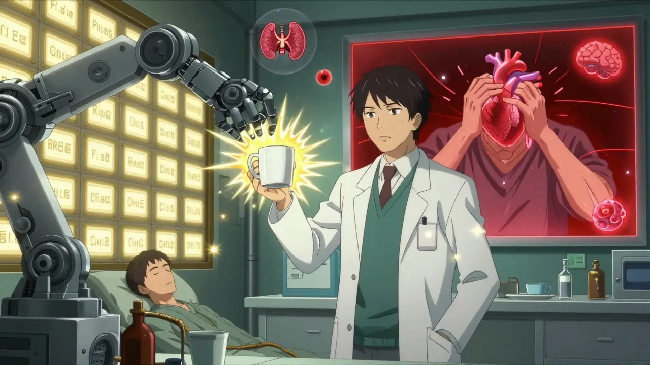 A pharmacist faces a wall of warning labels as a coffee mug emits interference waves affecting health icons.