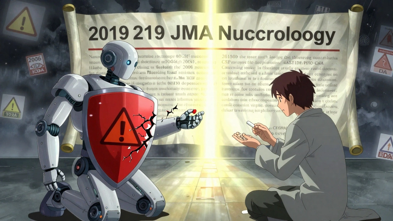 A pharmacy robot breaking a warning shield as a study scroll glows behind a patient holding migraine medication.