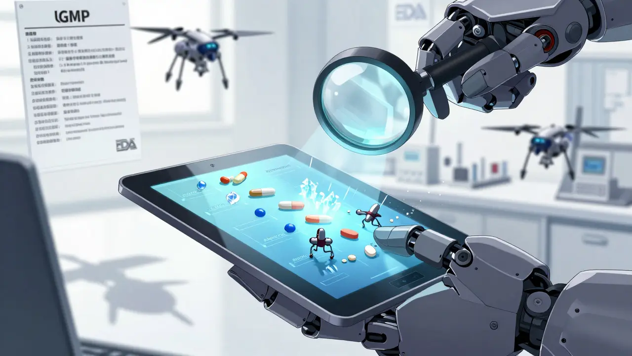 A robotic hand inspects a tablet under a holographic lens, showing molecular alignment of generic and brand drugs.