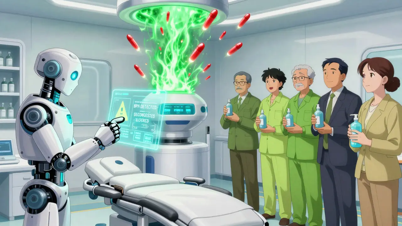 A robotic pharmacist blocks decongestant threats with a hologram warning, while a new green-energy drug neutralizes danger in a futuristic clinic.