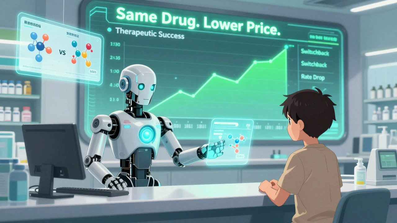 A robotic pharmacist hands an authorized generic pill to a patient, with holographic molecular comparisons and rising success graphs.